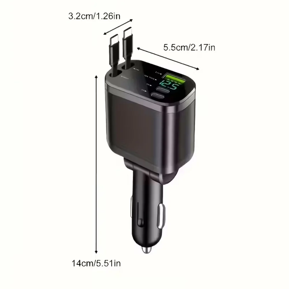 5-in-1 Fast Car Charger with 2 Retractable USB-C Cables, Dual USB-C PD Ports